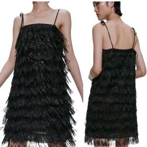 Zara Black Sequined Fringed Spaghetti Strap Mini Dress Lined Black Size Small